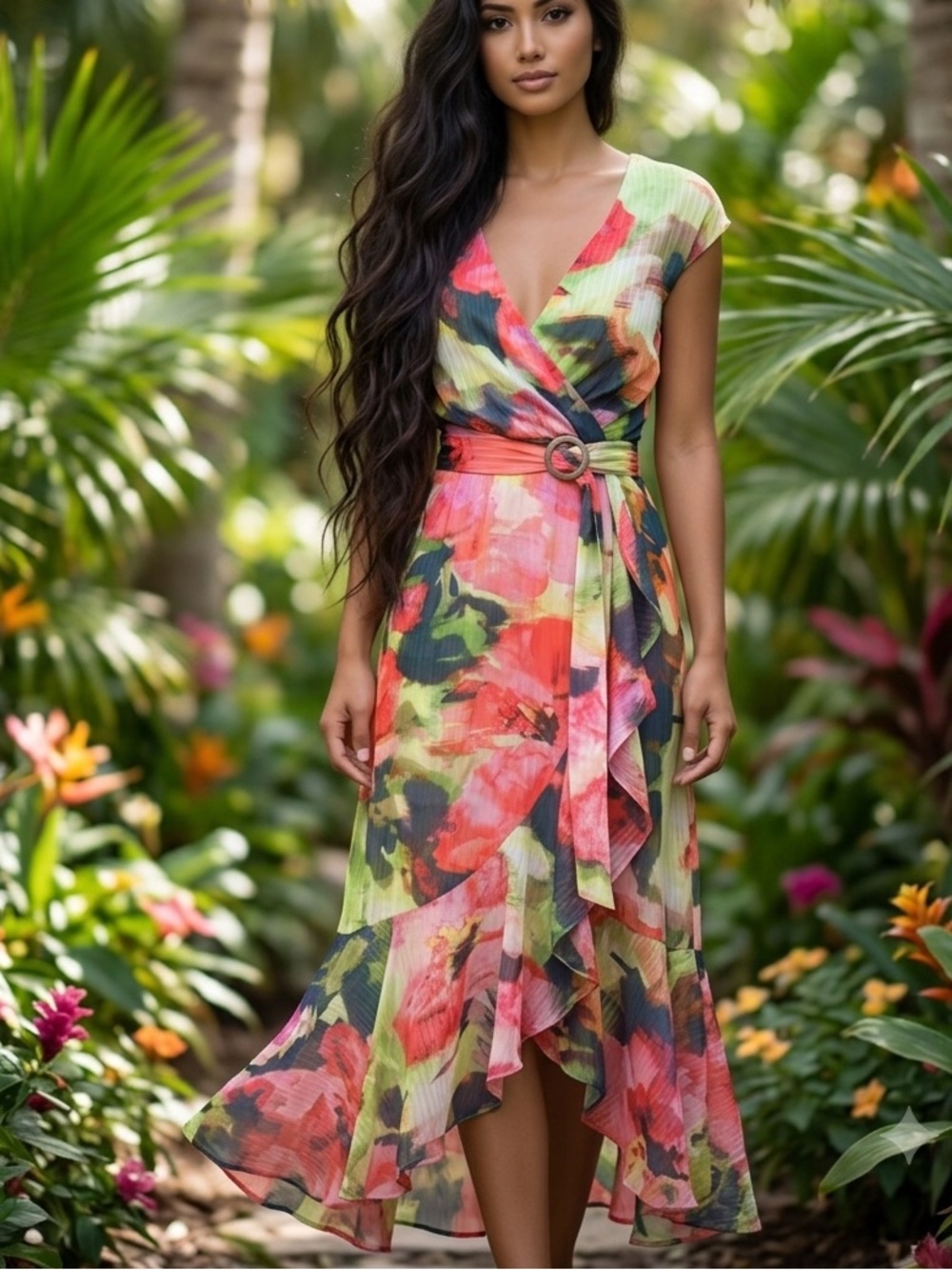 Maison Tara Coral Pink Green Floral High-Low illusion Wrap Dress size 16 NWT